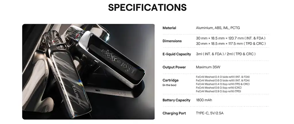 Uwell Caliburn G4 Pro Touch Screen Key Specifications