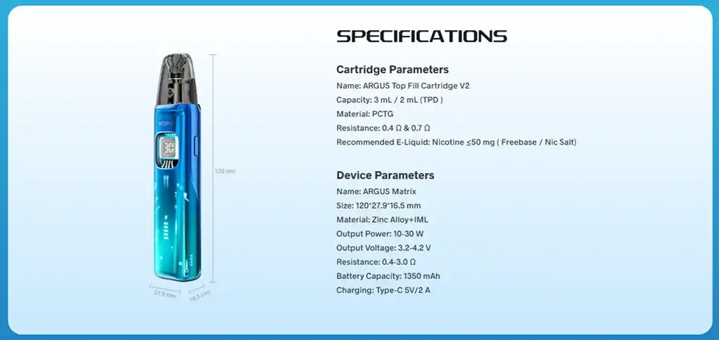 Voopoo Argus Matric Pod Vape Kit Main Specifications